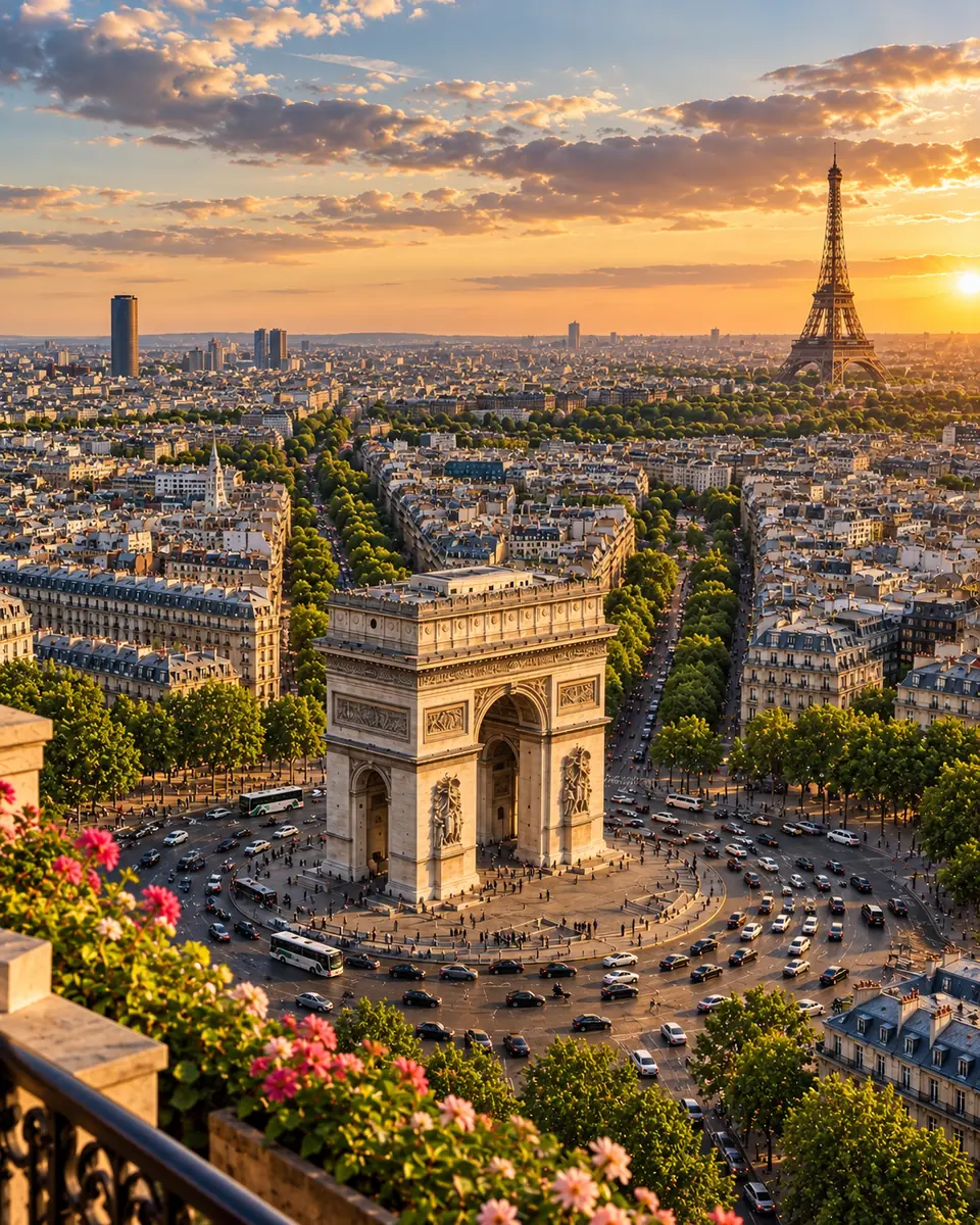 The Arc de Triomphe and the Champs-Élysées at sunset